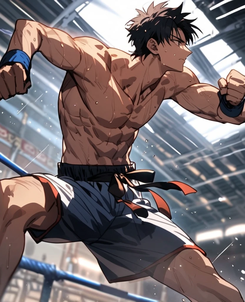 Kirei and Kiritsugu are both shirtless boxing, and kiritsugu is down for the count! Both men are sweating and have big hairy chests