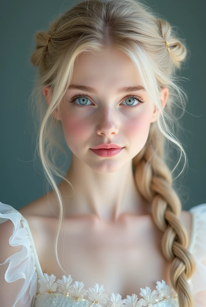 ,White skin,Braiding,skinny,Thin arms,Narrow shoulders,smile,Perfect Face,View your audience,(Flat Chest:1.4),Anorexic super-skinny model body type,Childish,Thin legs,Small hips