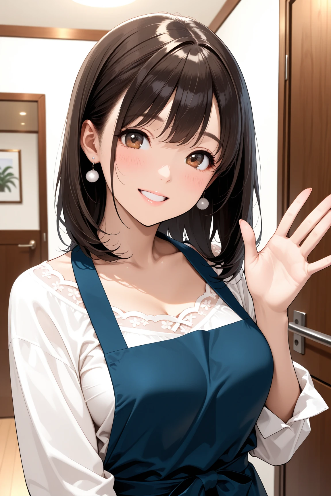 a girl, upper body, maid costume, maid band, smile,cleavage,