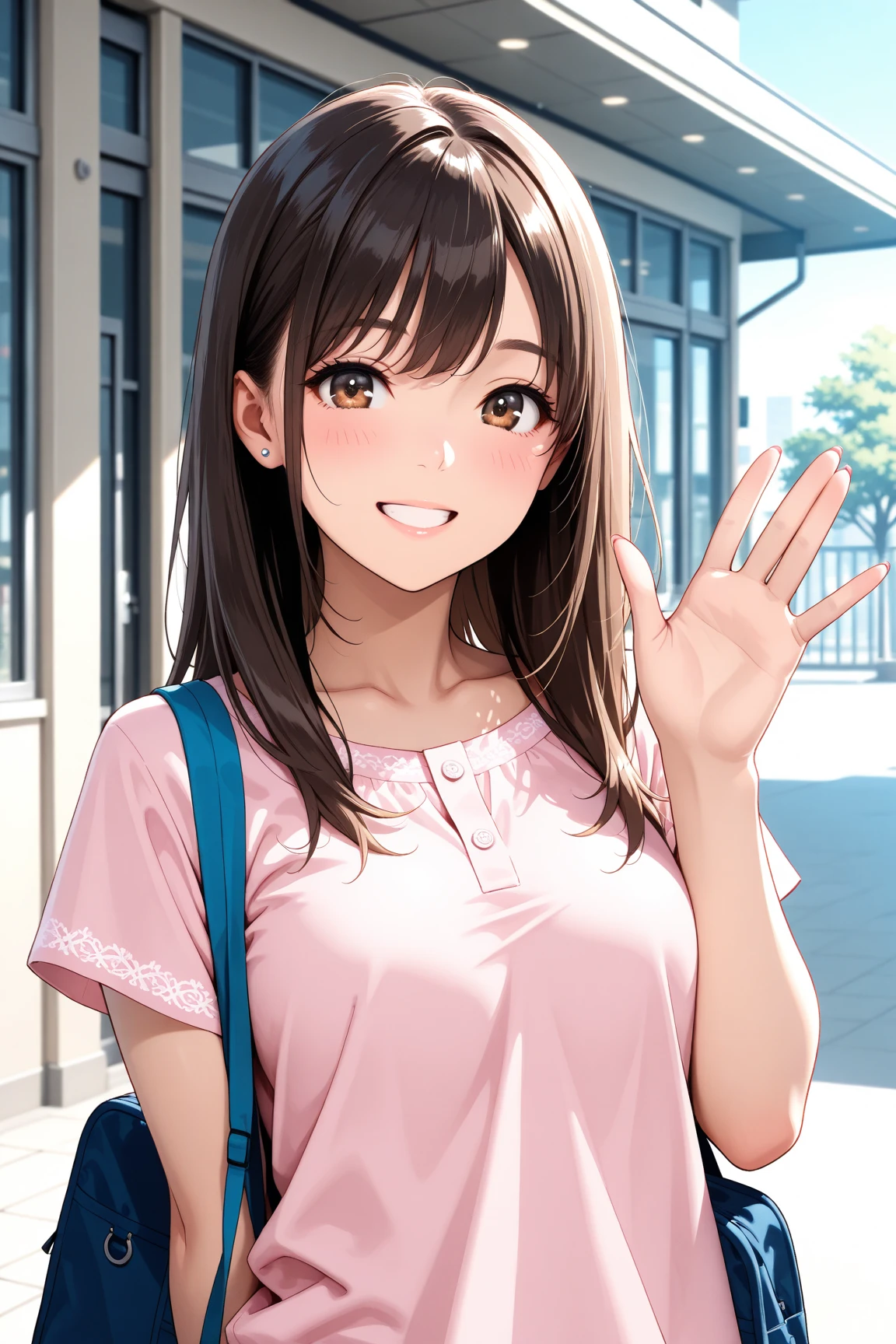 masterpiece, best quality, cowboy shot, kunikida hanamaru, medium breasts, looking at viewer, v-neck shirt, shirt skirt, outside