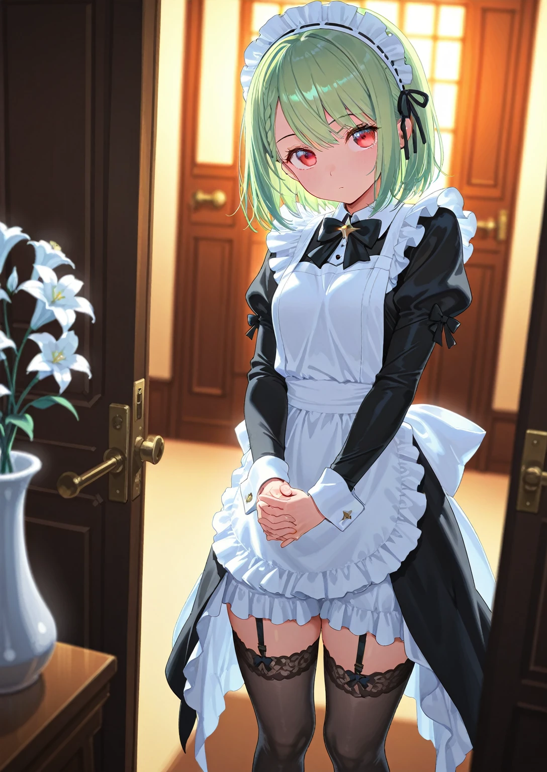 1 girl, green hair, short hair, maid uniform, neckline, blush, smile, living room, lifts her skirt with her hands, panties visible