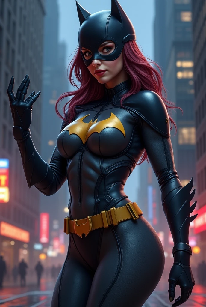from below, a petite woman with orange hair in ponytail wearing tight black yoga pants, masterpiece, best quality, 1girl, batgirl, atmospheric scene, (detailed beautiful face, detail skin texture, ultra-detailed body:1.1),, ((extreme skin detail)), hdr, ((ultrarealistic)), , medium breasts, ((clothed nipples)), iridescent (((tight black bodysuit))), (((black batman logo))), ((looking up)), (((angry))), ((sweaty)), (((dark eye make up smeared))), utility belt, clothed nipples, camel toe, black lit, in a dojo, training