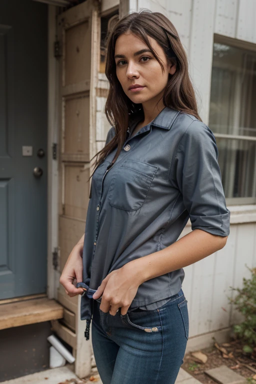 Generate a lifelike image of a 35-year-old brunette woman facing forward. She is dressed in a short-sleeved gray polo shirt and jeans.