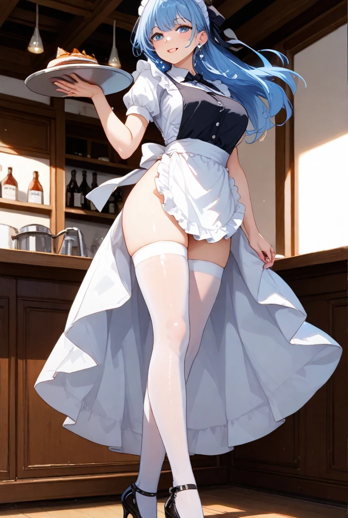 highest quality、masterpiece、((1 girl:1.5))、((smile:1.3))、(blush:1.4)、Black Shirt、blouse、((fun!!))、(Small breasts)、()、Blonde、(Long sleeve)、((White apron:1.5))、((Maid))、((hair ornaments)),、Kamimei、look at me、 ((in house:1.5))、 Taking a break from watching the audience、Cowboy Shot、((Shaved:1.5))、(Roll-up skirt:1.3)、(Fully exposed and highly detailed labia:1.5)、((Skirt lift:1.5)),()、(long hair)、、(スカート that rolls up:1.3)、()、Light blue eyes、long hair、Glowing Eyes