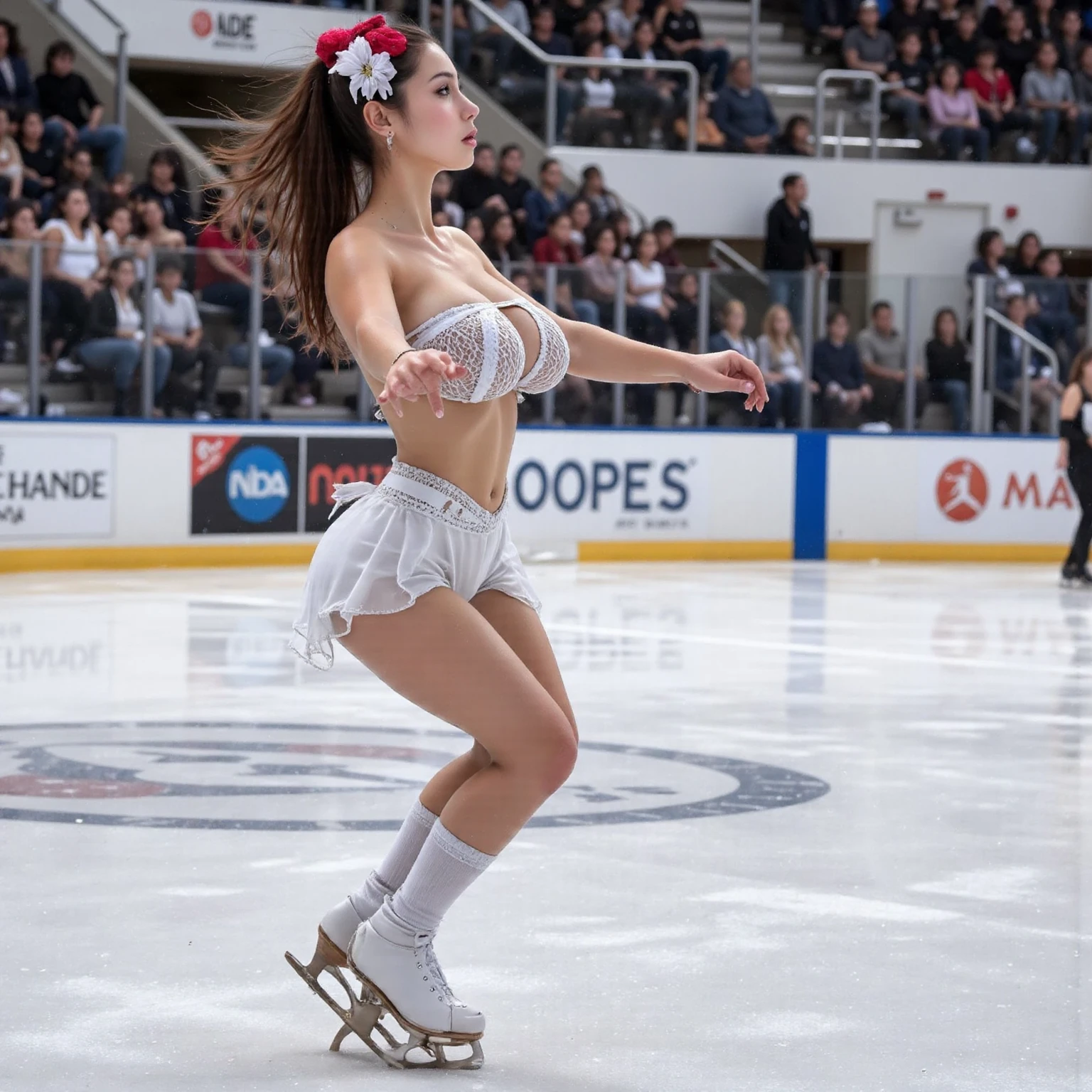 18 year old girl with long dark hair, medium complexion, small waist, big breasts and curvy hips, patinando en hielo, doing artistic positions, usa patines para hielo, wear comfortable clothes for ice skating