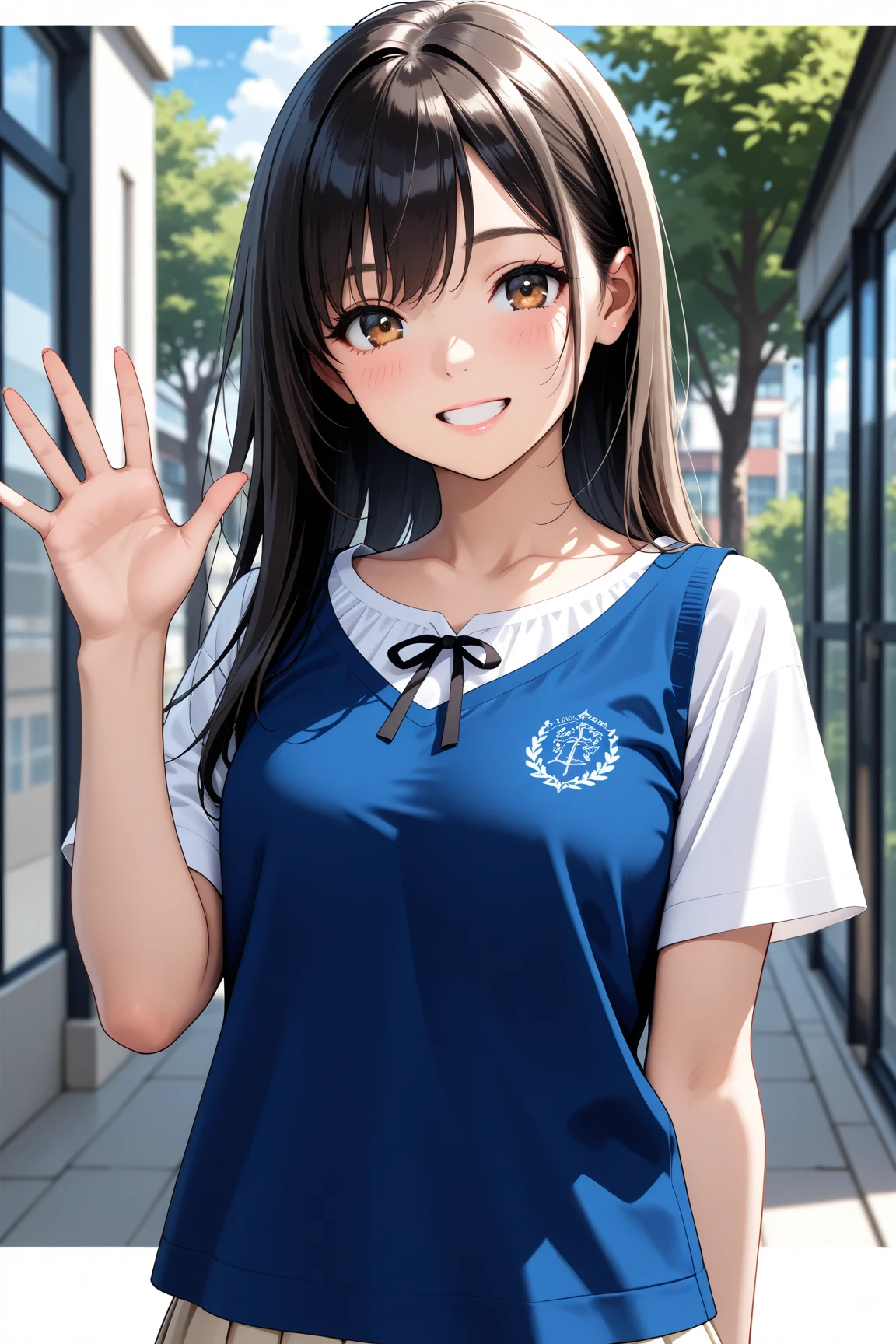 High quality、highest quality、complete limbs、Ultra high definition、Shining eyes、Full hands and fingers、slender beauty、black hair、wearing a white school swimsuit、shiny skin、shy smile、Library