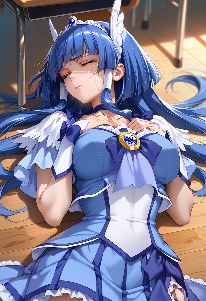 ((highest quality, masterpiece, disorganized) ，cure beauty，Precure，sleeping face up in bed，Crab crotch，please show me your boots , 14 years old,long hair, hair with volume, hair loss, expressive eyes,view of other buildings ,defeat，detailed description，solo 1 girl，full body shot，