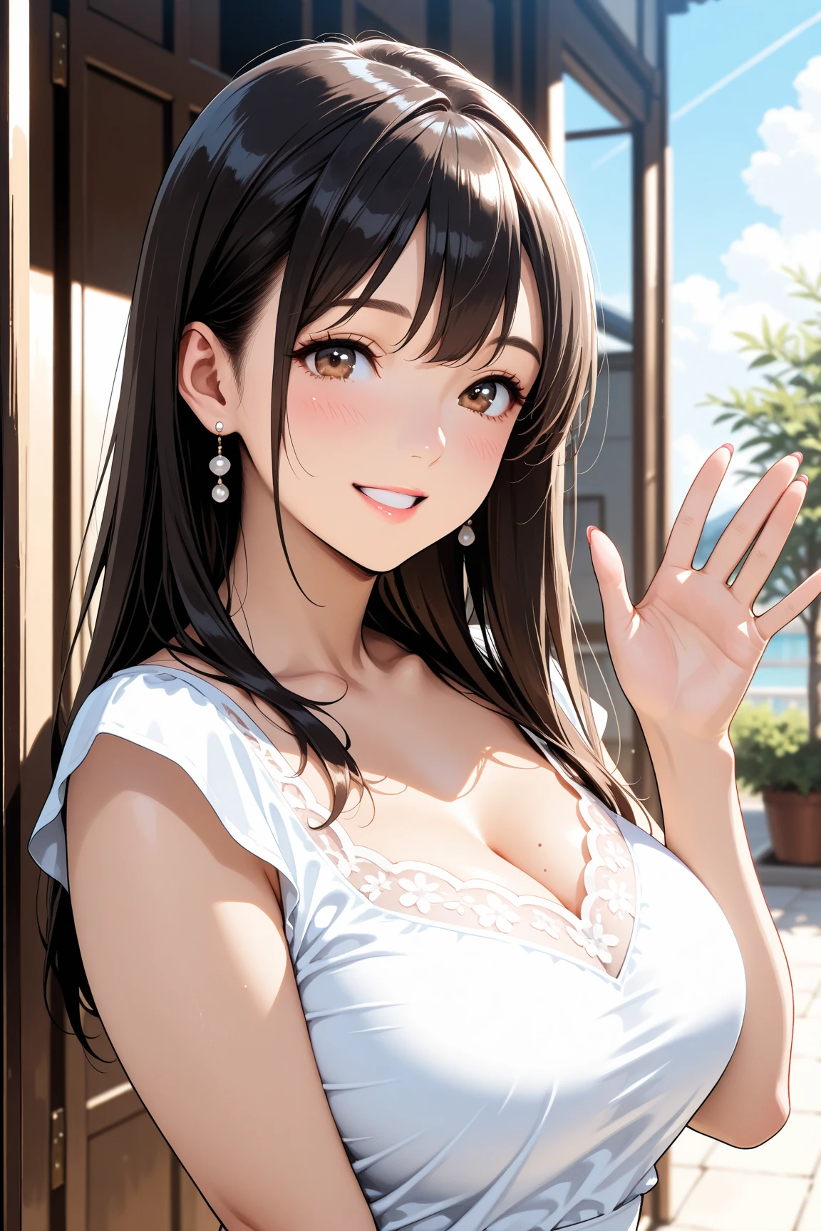 ((Tabletop, Highest quality, High resolution, , Pixel Perfect, 4K,))), 1 female, 、The whole body is visible、 ((Long Wavy Hair, bangs, Brown Hair)), ((Brown eyes, Beautiful eyelashes, Realistic eyes)), ((Detailed face, Blushing:1.2)), ((Smooth texture:0.75, Realistic texture:0.65, Realistic:1.1, Anime CG Style)), Medium sized breasts, Soft 、Dynamic Angle, Perfect body, (( , , White sleeveless top、No bra、、 Tight jeans pants、、)), Gold Hair Ornament、Cross Necklace、、Very embarrassing panic smile, 、、、、、、Nipples are slightly visible、Poses that accentuate the chest、、Leaning forward、Stick your butt out、Hotel Bedroom、In the middle of changing、、、、、 、)、