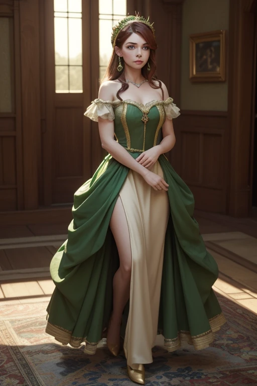 girl, (erotica: 1.3), (steampunk dress: 1.3), steampunk tiara on head, high detail, dark brown long hair, princess, movie still, hdr, cinematic lighting, (volumetric fog: 0.7)