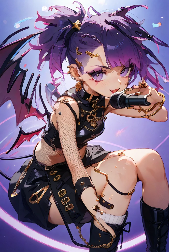 Absurditie, High Resolution, Ultra Detailed, (ONLY 1 GIRL), (((Dark Tan Skin: 0.5))), ((1girl)), ((Full body)), Short dark shirt that only reaches the navel, Elf's ears, (Sleepy and tired eyes),
Pants with chain on one side, purple hair, Short hair with pigtails and bangs, Purple eyeliner, purple eyes, with braceras on their hands in the shape of spikes, Spiked collar on the neck, ((Summoning powers with purple fire )) bright lighting, cyberpunk (PERFECT EYES), (PERFECT HANDS)