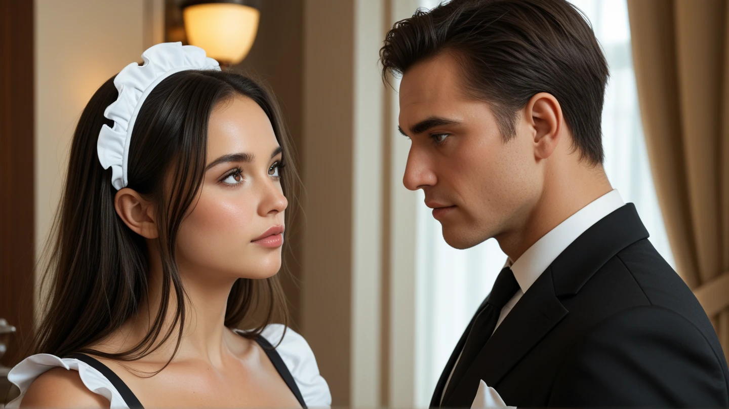 beautiful couple. woman wearing classic dress, dark hair in ponytail, she wears amber earrings, a man in suit stays behind her and gently holding her shoulders. Romantic and luxury image