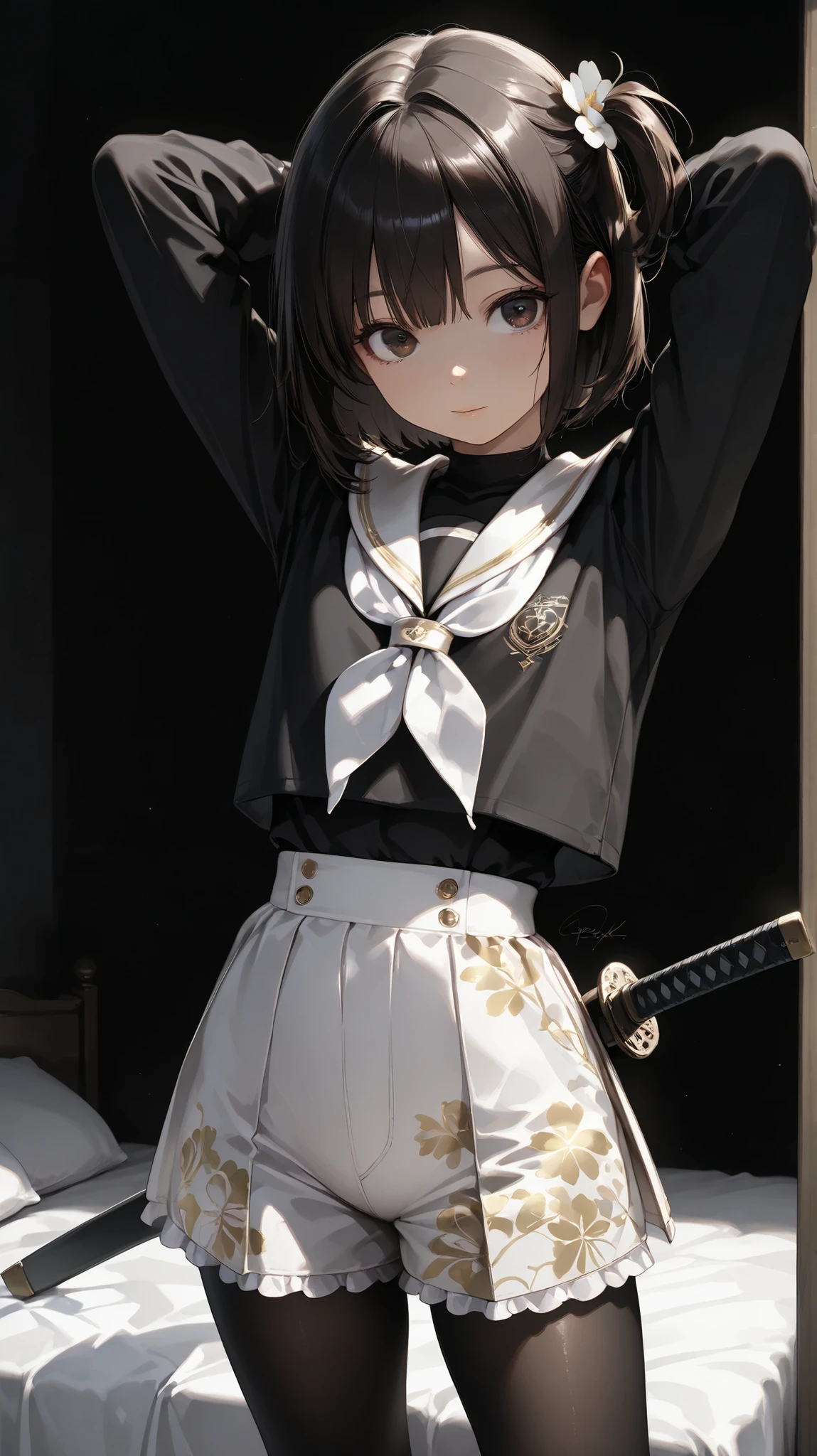 1 girl,beautiful detailed faces:1.3、Hair accessories:1.6))、 flat chest、(black sailor suit top、black long shorts:1.7),
(RAW photo, Top quality), (realistic, realistic:1.4), (masterpiece),
VERY DELICATE AND BEAUTIFUL, VERY WELL DETAILED, 2k wallpaper, wonderful, fine, VERY WELL DETAILED CG Unity 8K 壁紙, VERY WELL DETAILED, high resolution, Soft light,
A beautiful girl with attention to detail, VERY WELL DETAILED目と顔, beautiful and sophisticated nose, big beautiful eyes, cinema lighting,
(simple and calm background:1.3),
(dark haired:1.5), SHORT BOB 、side tail on one side only
slender body,Sensual Expressions、floral pantyhose、Japanese sword、moving pose、BLACK BACKGROUND、Deep brown eyes、lace fabric、frills、big eyes、Double eyelids、Middle School Student、pretty face、white inner shirt、鞘に収まったJapanese sword、(大きなJapanese sword:1.4)、 Height155 cm .Long Lashes、belts、