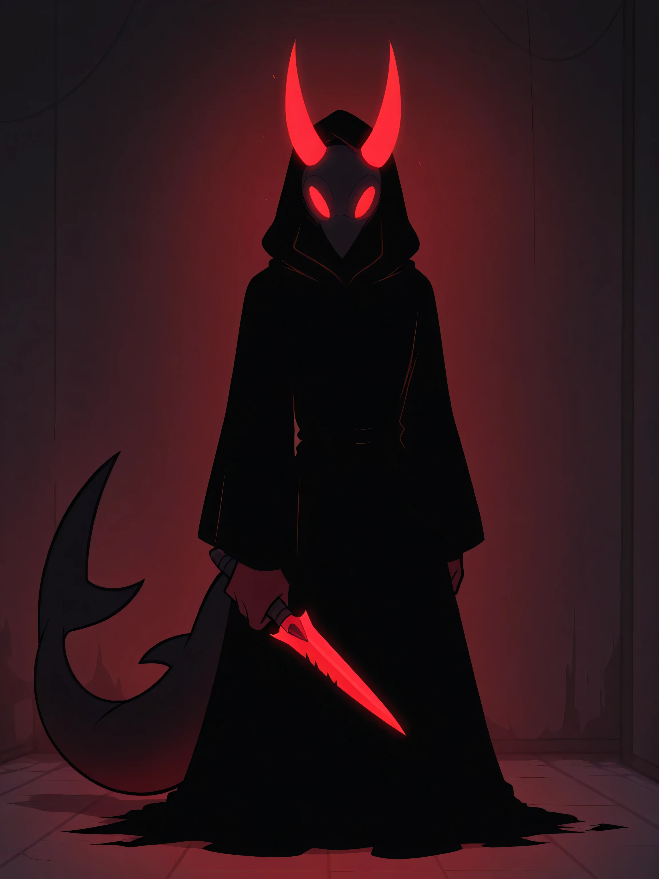 solo, holding dagger, man, tall, red bird mask, black shark tail, red oni horns, red glowing eyes, black hood, black robes with red marks, darkness, shadows, hidden face, inside darkness, barely visible, best quality, amazing quality, highres, absurdres, score_9, score_8_up, score_7_up,source_anime,BREAK,masterpiece,cartoony style,