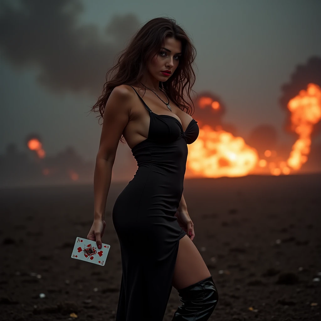 Buxom 22 year old British girl holding a flaming torch she is standing on a hill lighting her way towards an old castle ruin up on a hill she is wearing a flowing white cotton blouse with cleavage wearing tight khaki pants, holding a flaming torch, there is a ruin of a castle high up on a hill and there is a storm brewing in the background it is night time.