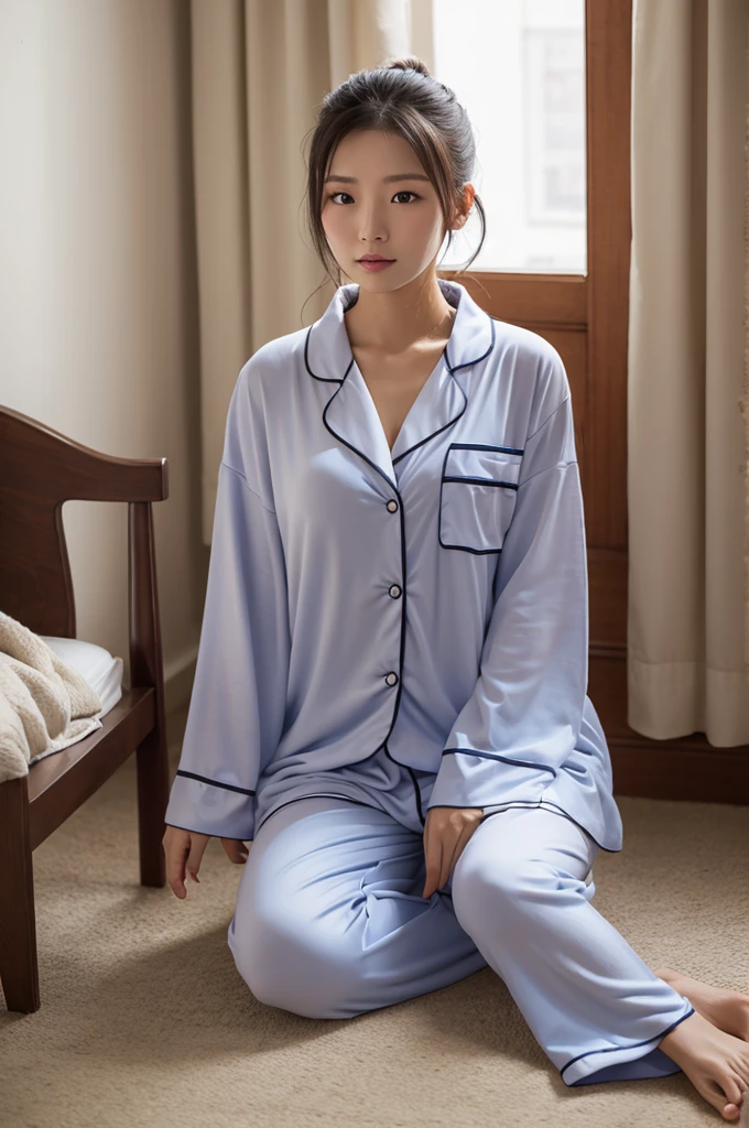 Best Quality, masutepiece, 超A high resolution, 8K, raw, (photographrealistic:1.4), Physically-based rendering, depth of fields, Look at viewers, slender, (Sitting:1.1), at bedroom, Detailed beautiful face, 1 girl, Cute, 年轻, nose blush, Big black eyes, Open mouth, tiny chest, Black hair, detailed  clothes, (pajamas:1.3), No shoes ,pureerosface_v1,