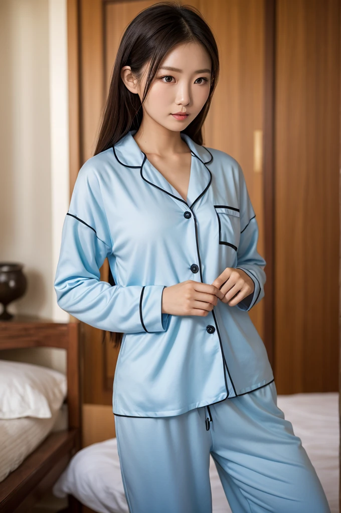 (enrich the image,masterpiece quality)Beautiful 8K CG artwork,Goddess-like posture,Kneeling exercise,slim and soft,transparent skin,Hair with elements of 5 colors、aesthetic appearance of very long and untidy hair,,,The skin is white and juicy,Big JK Uniform,perspective part 1.2x enhanced silhouette effect,Exquisite sheer blues pattern pajamas,The details are intricate and exquisite,The background is a little blurry,Seductive and greedy beautiful legs temptation,Drool,Extra large big,