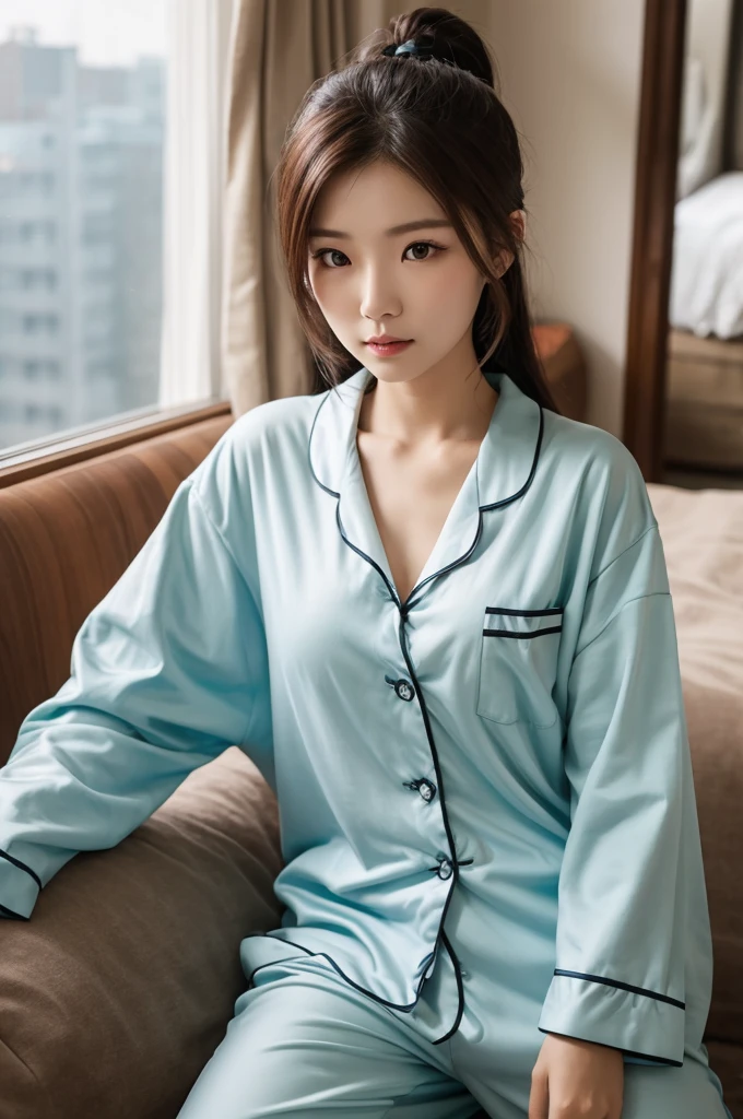 hightquality、​masterpiece、ultra res、a beauty girl、Beautiful girl face、cute girl face、s Pajamas、wearing pajamas、full bodyesbian、Famous actresses of Japan、very beautiful face