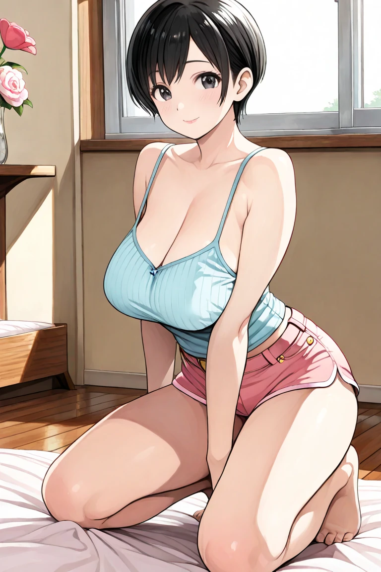 16k works,Highest quality,18-year-old,No background.White background only,whole body、sexy, One person, Beautiful Face,, Symmetrical eyes, Perfect body, Good balance、 Perfect body、Split, Black short hair、, White sleeveless tank top，Blue Denim Shorts、refreshing、smile、(Big Breasts:1.3)