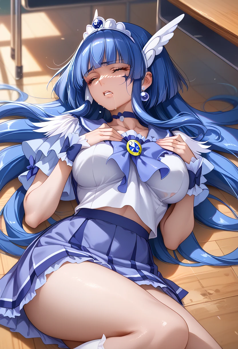 Official Art,Aqua, Long Hair, Blue Hair, Hair Ring, hair ornaments, choker, Bare shoulders, Green ribbon, Blue Shirt, Removable sleeves, Blue Skirt, Knee socks,Sweat,(Pussy Focus,from the front:1.3),(No panties:1.5),(Pussy in full view:1.3),((Detailed pussy)),Semen Bukkake,(M-shaped legs:1.3), (Disgust,anger),masterpiece,Noise Reduction,Perfect Anatomy,High resolution, Super detailed,Game CG,Dutch Angle ,Beautiful attention to detail,Visual Arts,Five Fingers, Perfect hands, Perfect lighting,