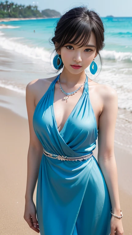 Half-length glamour portrait, nikon D850, f1.6 lens, 200mm, DSLR, 22 Megapixels, (((Secluded beach with crystal-clear waters scene))), shot of a stunning 19 years old korean girl, (smile:1.4), (wearing cobalt blue Pantsuit with Beige silk blouse:1.6), ((seductive pose)), hot girl, (((big natural breasts))), (((black fringe hair))), (small girl), symmetrical face, photorealistic, photography, (bright natural lighting), gorgeous, deep cleavage, (masterpiece), best quality, high resolution, extremely detailed, cinematic lighting, (((very narrow waist))), rich colors, hyper realistic, lifelike texture, ((jewelry)), (((She has beautiful hands and wears rings))), (bracelet), (necklace), (ankle chain), (nail polish) (earrings), Fuji Superia 200, 8k