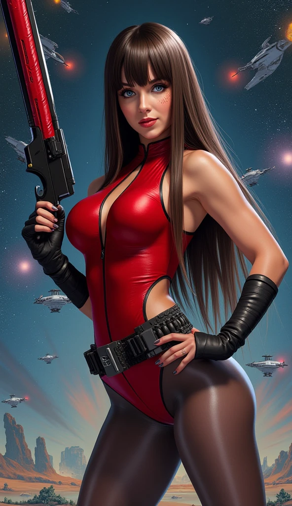 Large file size, ultra realistic photo((Best quality, 8k, Masterpiece :1.3)), dramatic lighting, beautiful woman, girl, medium breasts :1.1, (body with curves, slender figure :1.1), thin waist, dark brown hair, ultra-detailed face, detailed lips, detailed eyes, dazzling blue eyes, charming eyes, light smile, (red dress: 1.3) flashy neckline, interstellar wallpaper, looking at the horizon, with hands on chin