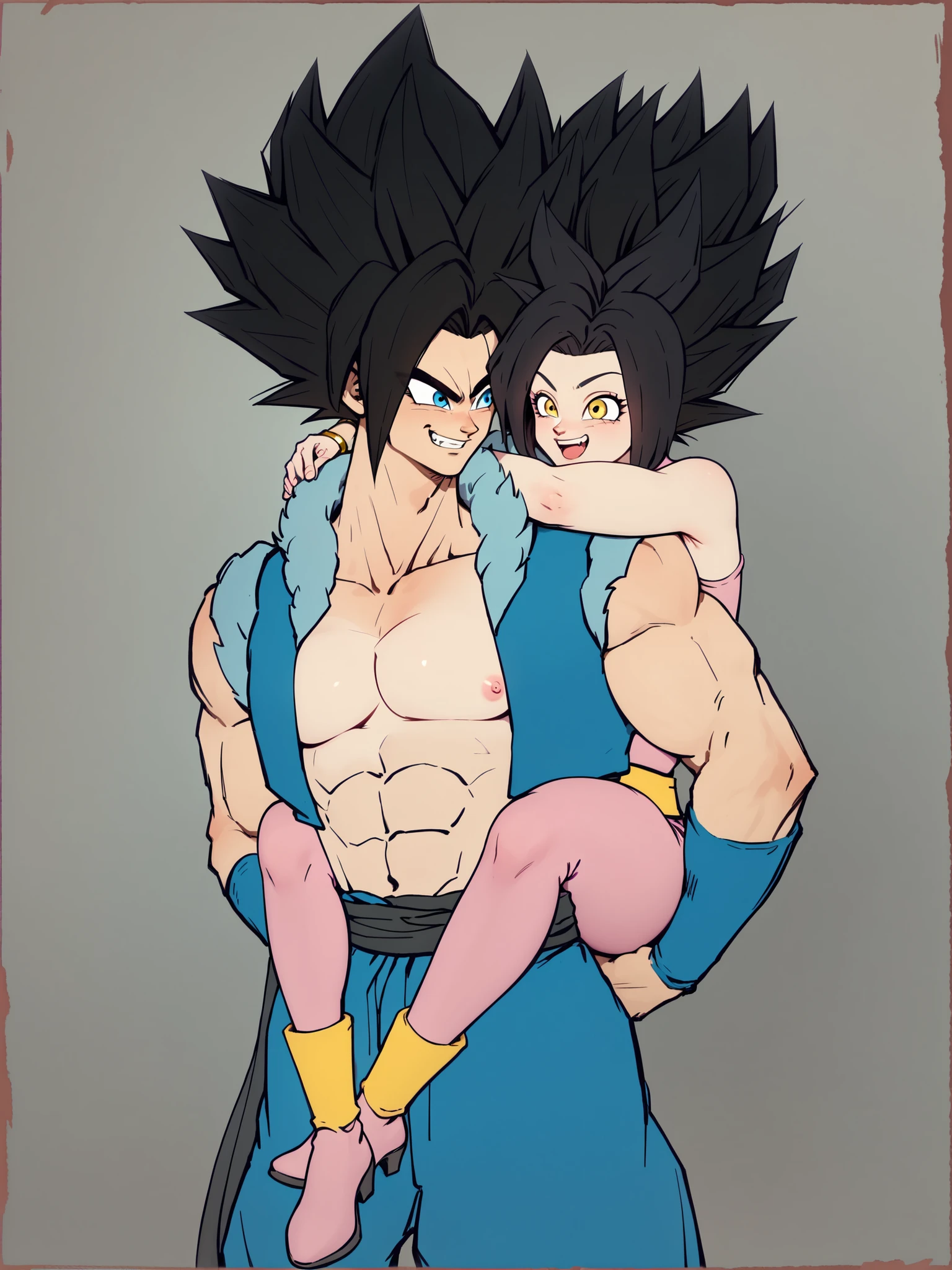 (male muscular saiyan , blue metamoran clothes, blue eyes, black hair detailed, abs, carry her sister on piggyback, confident little smile , pectorals, metamoran vest , athletic body , black obi ) , and a ( female , small , saiyan , above his brother on piggyback position, happy laughing, yellow eyes, golden belt, pink latex tight pants, pink short high heel boots, golden anklet bracelet at the top of the feets ) , happy scene, , realistic shadows, masterpiece , 2 saiyans, 2 fangs, anime , dragon ball style