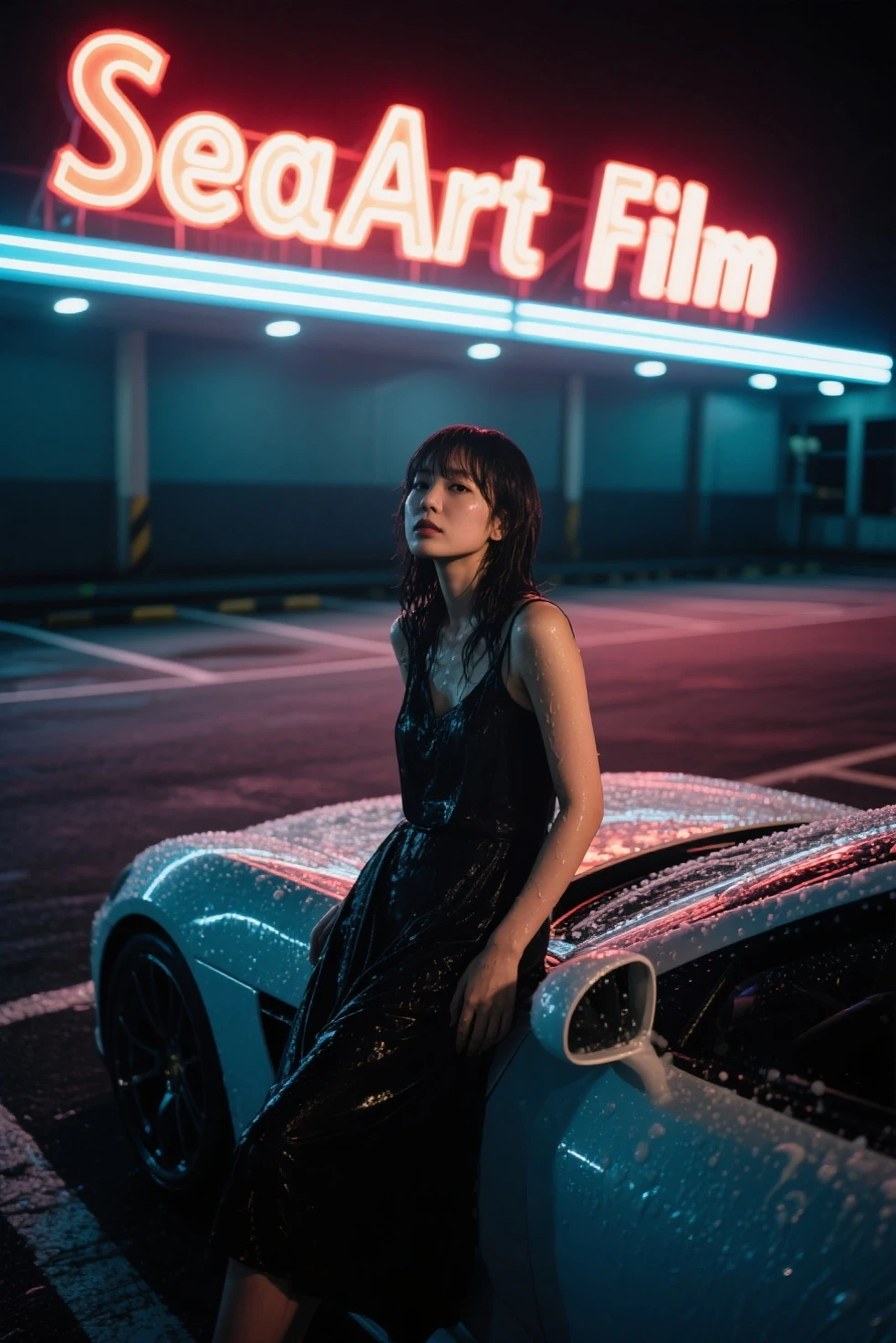 (sexy:0.6) young woman, entering 80's japanese coupe car, open door, night, evening, snow, wet road, reflective surface, bokeh, muted colors, cinematic, wide shot, thin silouette, full body, perfect shot, low-key, (pop-up headlights:0.5), (small breasts:0.3), (long hair:0.4) (city:1.2), tokyo, shibuya, pretty face, analog film photography, film grain