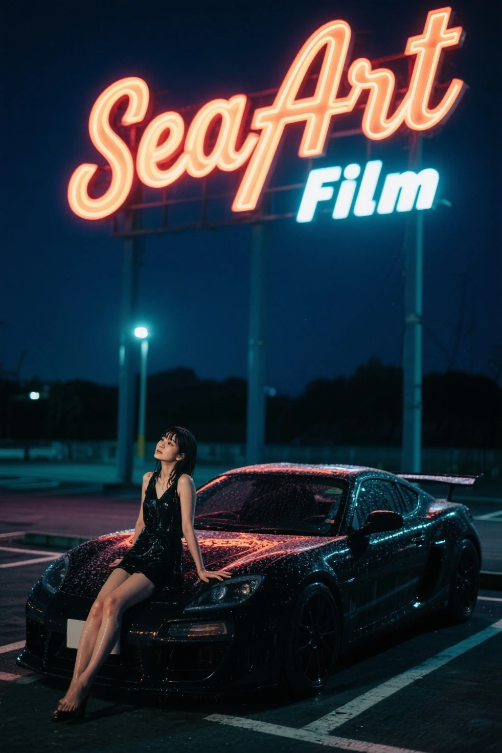A mixed-race woman pokes her head out of a car window in a flower field,Car photography with wine, Shot on a Canon EOS R5, model photography,, vogue photography, casual photography --auto