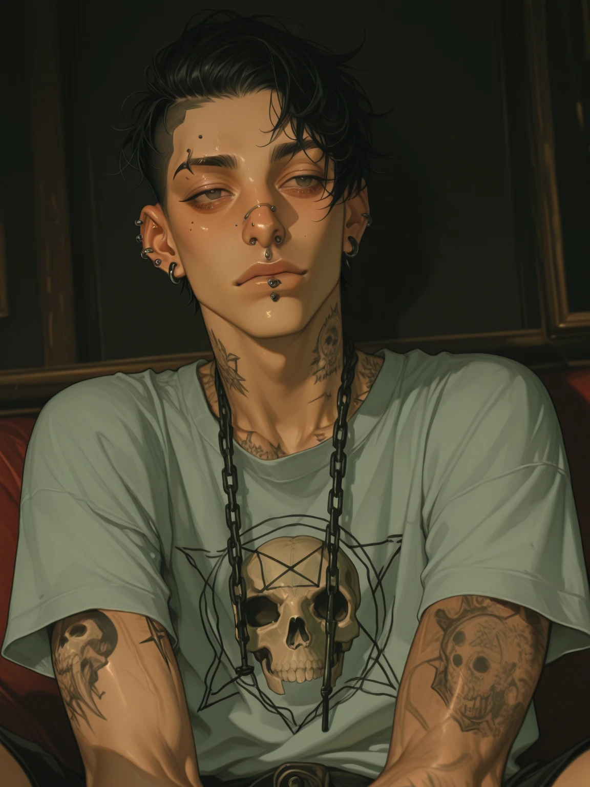 style 9, 1 boy with raven hair, dreadlocks, black eyes, tattoos, punk style clothing, smoking, dark complexion, hanging from a wall