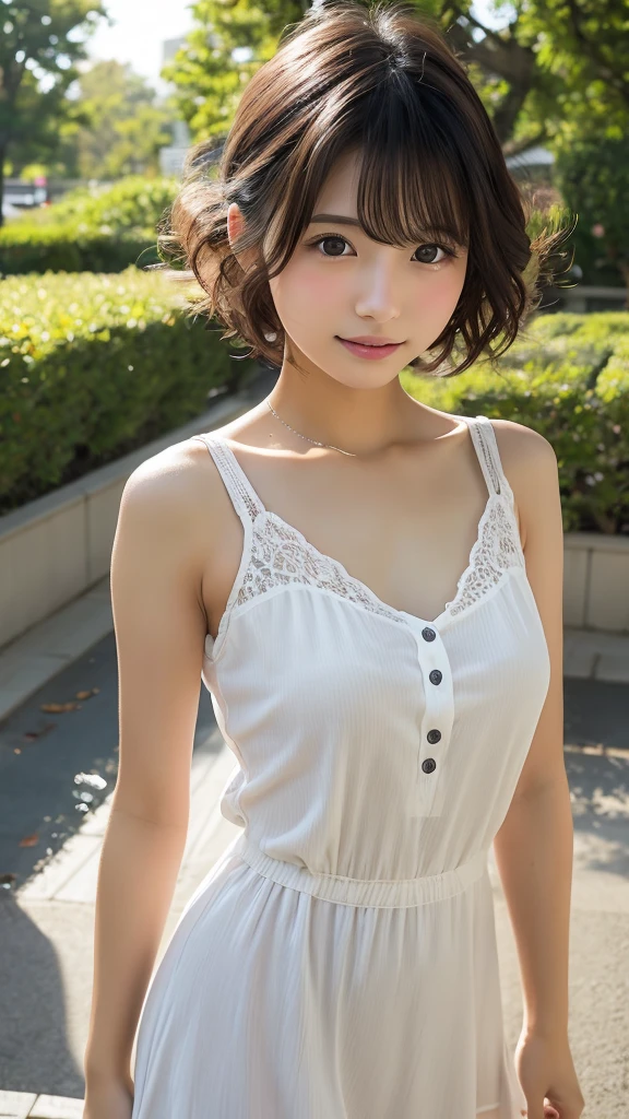 8K、top-quality、masterpiece、超A high resolution、photo-like、SLR、beautiful japanese female、Elegance、There is a good、Gentle face、Beauty of the wind、eyebrows are thin and thin,,,,,,,,,,,、Moist beauty、short-cut、Keep your bangs neat and tidy、The eyes are far away、Transparent atmosphere、Beautiful face、Raised corners of the mouth、drooing eyes、Tanuki face、wrist watch、a necklace、A bracelet、Gradient lighting、Drop long bangs to the side、girl with、Delicate skin、Look into the distance、Brown-eyed、up chest、the shape of the chest is clear,,,,,,,,,,,,、very very gigantic boobs、Very big breasts、Sheer clothing、Sheer skin、Raw photography、pureerosface、blanche、Plain Pattern Button Front Shirring Side Sleeveless Shirt Dress、Ruching, Button Front、no sleeves、Sleeveless、Mini length、Skirt short、The neckline is colored、eeri、No pants、I don't wear anything on my lower body.、Sexy clothes、morning、the morning sun、Fashionable street corner、Street Trees、Per Aoyama、Futomo、kne、Laugh、large full breasts、Hair swaying in the wind、facing back、sideways Facing、Looking back here、Turn your upper body towards yourself、stick out buttocks、Sleeveless、full body Esbian、Full body shot、an legs、sandal、Clothes with a length that shows the thighs、