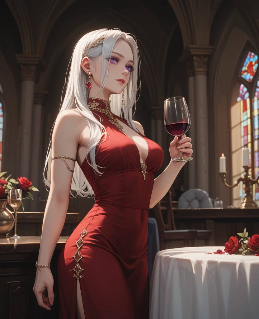 A young female vampire, beautiful, in a silver gown, holding a glass of wine in her hand. --auto --s2