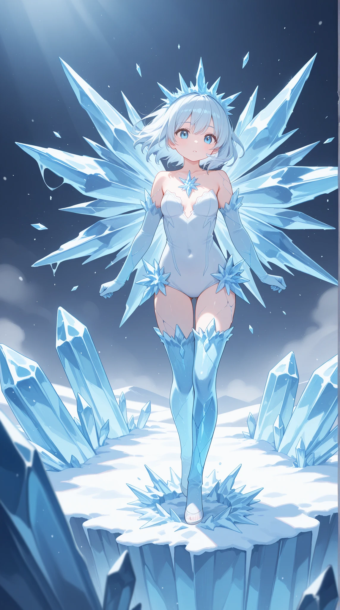 Blue Crystal magic, cryo hawk girl, large breasts (H size), little clothes, crystal bikini, crystal wings, snow magic, crystal boots, white ponytail hair, blue feather, ice shards