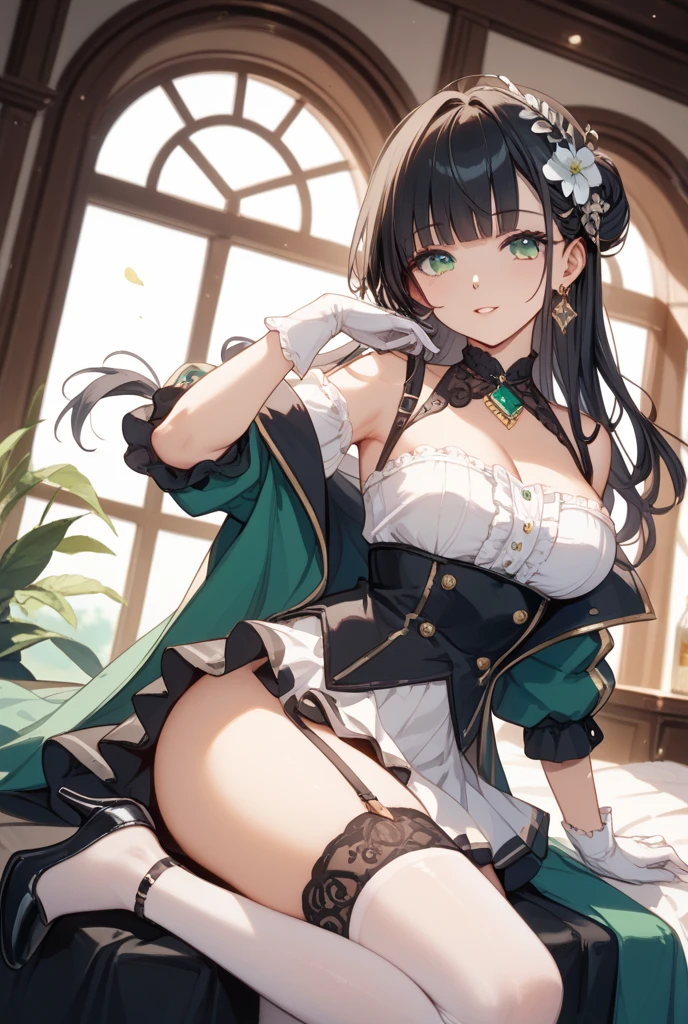 absurd, 8K, high resolution, ultra-detailed, beautiful, masterpiece, best quality, very pretty woman, young, very pretty woman, sexy, (green lingerie:1.3), brown hair, sexy, detailed female face, very attractive, (very big breasts:1.4),