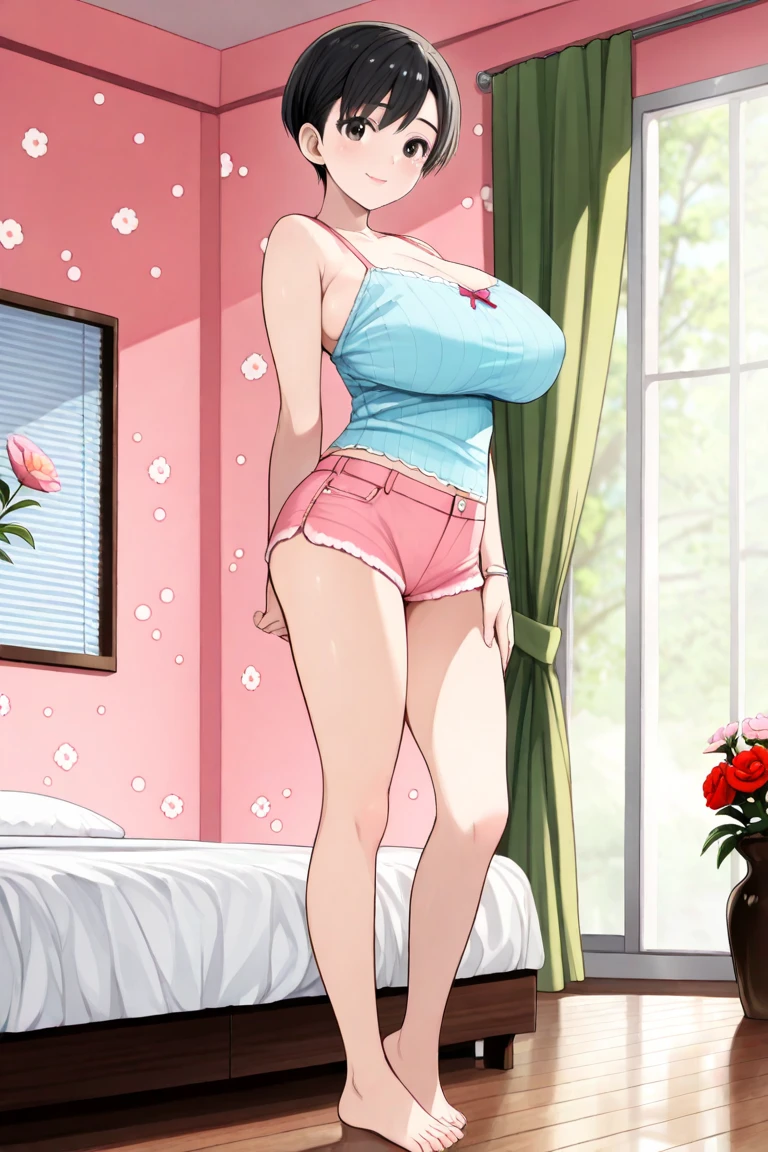 highres, high quality, masterpiece, intricate details, cinematic lighting,
NikaidoNao, 1girl,  full body, standing, hand on hip, hand on own chest,
looking at viewer, blush, determined,
green eyes, long hair, twintails, hair scrunchie, 
(pink camisole:1.1), (frills:1.1), barefoot,
large breasts, thighs, curvy,
room, bed,
 <lora:NikaidoNao:1>
