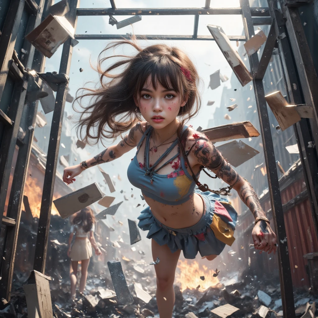 (colorful,High quality, Ultra detailed, best quality, insanely detailed,detailed beautiful, 4k,8k,16k:1.3),((1 slave girl:1.3),10yo:1.3),(white messy hair:1.2),(very long bangs:1.5),(tattered clothes,micro miniskart,open chest:1.1),(full body,leg raise:1.1),(fighting pose:1.2)