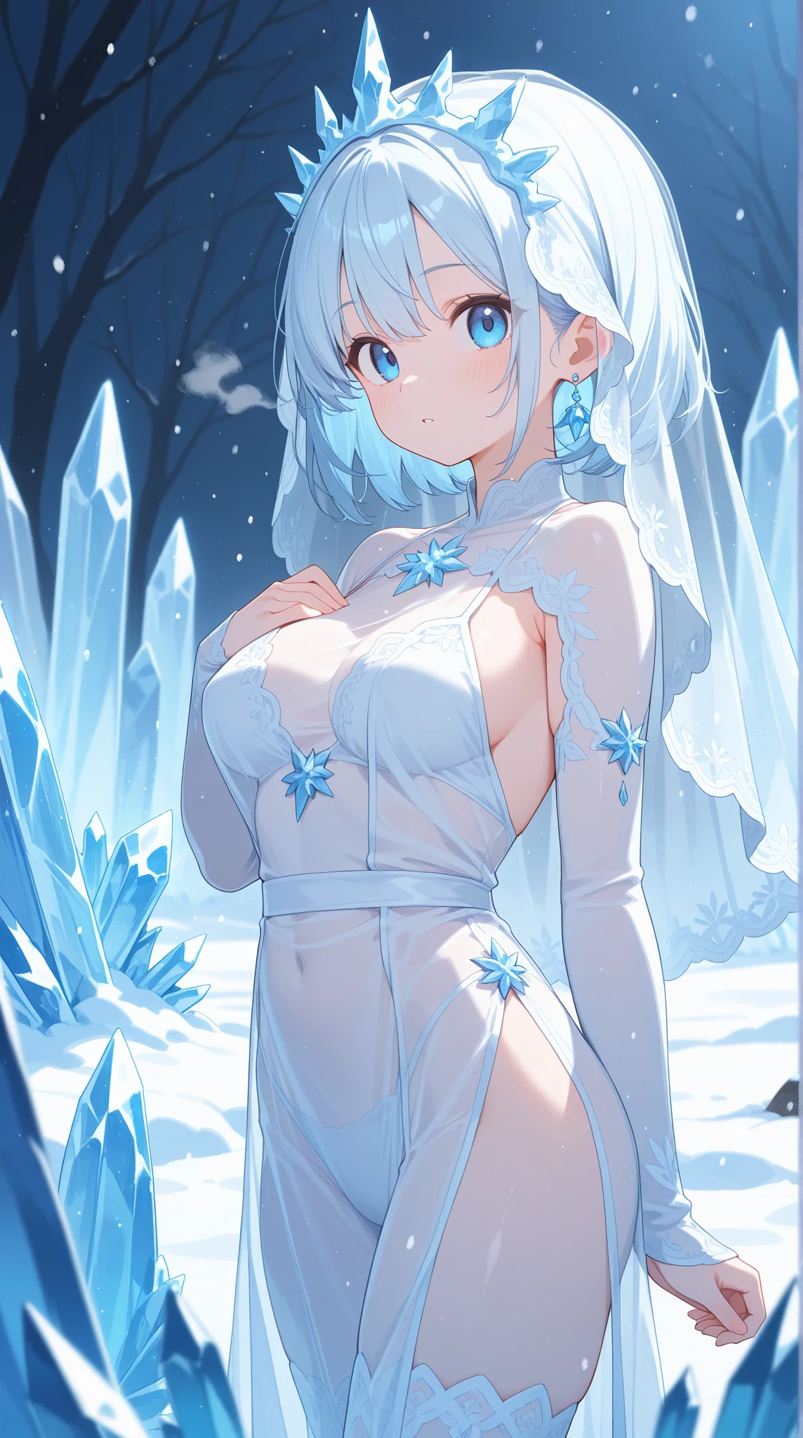 score_9, score_8_up, source_anime, 1girl, solo,The image depicts a female character in an elegant, ice-themed outfit. She has long, white hair and a crown-like halo made of ice crystals. Her dress is a deep blue with various icy accents and translucent, shard-like extensions. The background features a snowy, mountainous landscape, adding to the character's wintry theme. . (bound wirsts), (arms behind back), (tapegag, tape gag), dramatic,  (looking at viewer), (detailed pupils:1.3), ,red rope, thick rope, normal breast,full body 