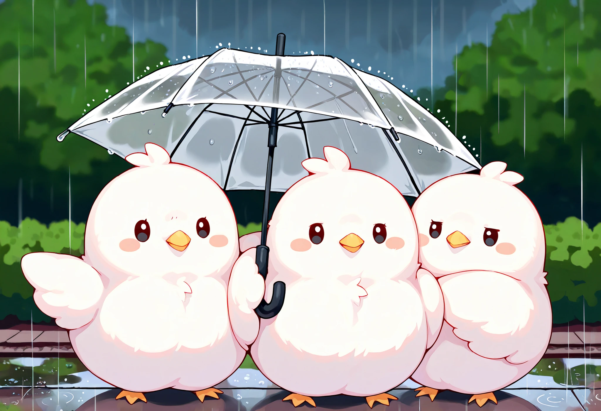 Masterpiece,Best quality, ultra detailed,Japanese Anime style, (pure white sparrow mascot) , round body, fluffy body,simple face, cute appearance, holding a big plastic umbrella. Four pure white sparrows are gathered under the umbrella. Rain. Outdoors.