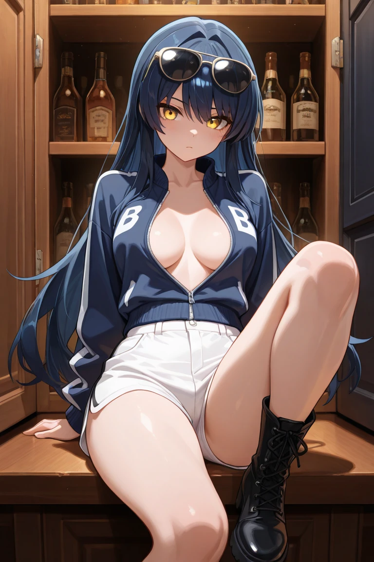 asakogri, 1girl, solo, black tank top, pants, sitting, couch, beer (can), holding can, indoors, window, log cabin, wooden wall, smile, closed mouth,   <lora:asakogri_V1-10:0.7> <lora:GoodHands-vanilla:1> <lora:Doyagao_SmugFace_v080:0.6>