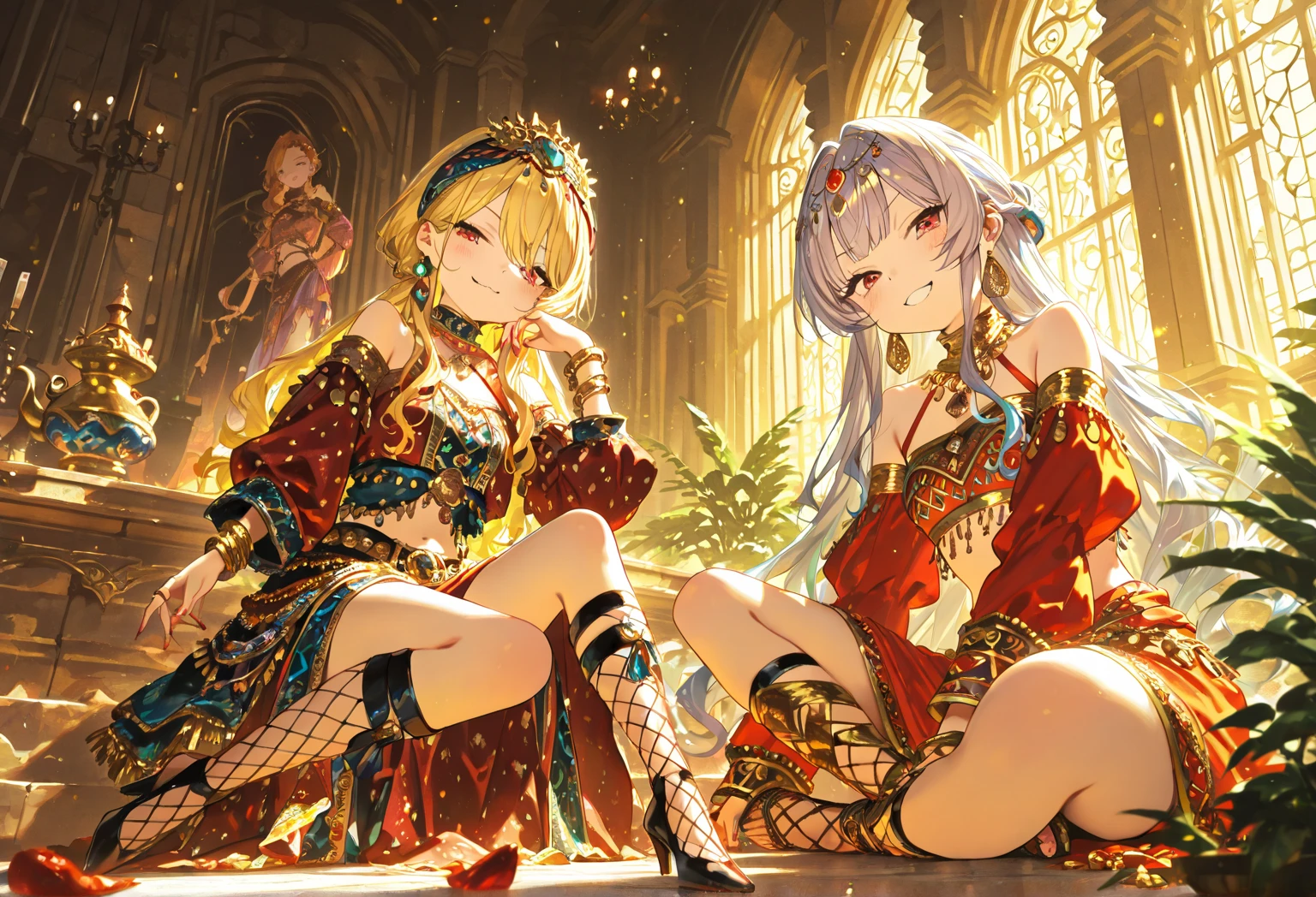 masutepiece, Best Quality, the Extremely Detailed CG Unity 8K Wallpapers, Beauty Priestess Costume, Long dark blonde wavy hair、gorgeous dress、Gorgeous one-piece flared skirt、Luxurious hair ornaments、Medium milk, Puffy nipple、cute smile face、Bare shoulders、sexy hips、high-heels、Luxurious magic wand and book、Church of the castle、sexy pose、(Poses that emphasize the buttocks)、Emphasis on the chest