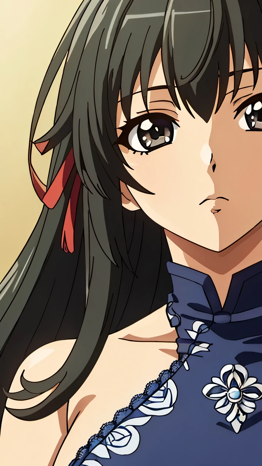 (masterpiece, best quality), high resolution, 8k:1.2), (anime coloring:1.2), highly detailed, beautiful eyes, perfect eyes, fine eyes, brown eyes, featuring big highlights, detailed face, highly detailed, fine eyes, symmetrical eyes, highly detailed, perfect face, beautiful eyes, perfect eyes, detailed face, highly detailed, symmetrical eyes, beautiful face, perfect body, beautiful body, beautiful breasts, (perfect hairstyle), kaede, 1 girl, solo, hair ribbon, black hair, long hair, bangs, (medium breasts), ((expressionless)),((nffsw, China dress, lace, flowers pattern)), (cowboy shot), looking at the viewer, in the center of the image,