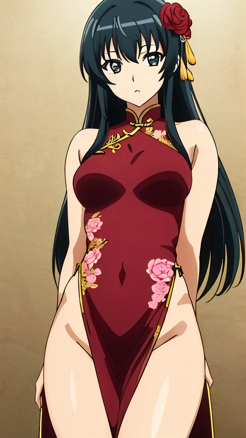 (masterpiece, best quality), high resolution, 8k:1.2), (anime coloring:1.2), highly detailed, beautiful eyes, perfect eyes, fine eyes, brown eyes, featuring big highlights, detailed face, highly detailed, fine eyes, symmetrical eyes, highly detailed, perfect face, beautiful eyes, perfect eyes, detailed face, highly detailed, symmetrical eyes, beautiful face, perfect body, beautiful body, beautiful breasts, (perfect hairstyle), kaede, 1 girl, solo, hair ribbon, black hair, long hair, bangs, (medium breasts), ((expressionless)),((nffsw, China dress, lace, flowers pattern, thighs)), (cowboy shot), looking at the viewer, in the center of the image,