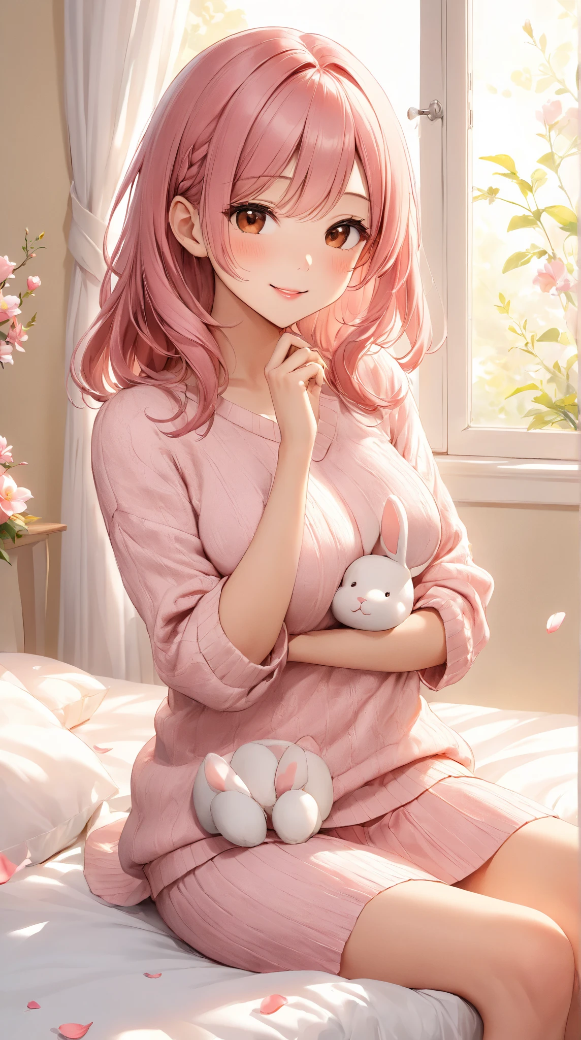 score_9,score_8_up,score_7_up,masterpiece, top quality, best quality, official art, beautiful and aesthetic, animation, , 1girl with cat ear, perfect figure, pink hair, complicated details, bedroom, changing clothes, happy, cute hooded pajamas, extremely spacious. There is a cat pattern on it, a long tube of cotton socks carried casually, cute little slippers, long pink hair, small fish hairpins ,