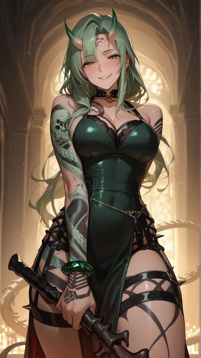Intricate details, Odel Schwanck's masterpiece:1.2, green hair, skull, torn clothes, underboob, skirt, fantasy00d, vibrant colors, ethereal lighting