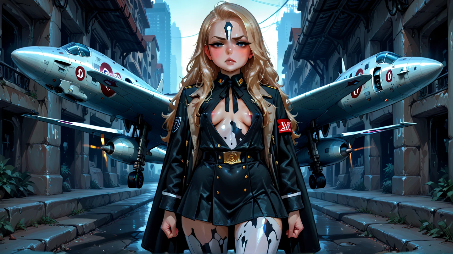 masterpiece,Highest quality,Very detailed,beautiful girl, ,Long blonde hair,Beautiful and detailed eyes,skinny,Small breasts,ely naked, full bodamic,Combat Uniform,gun,battlefield