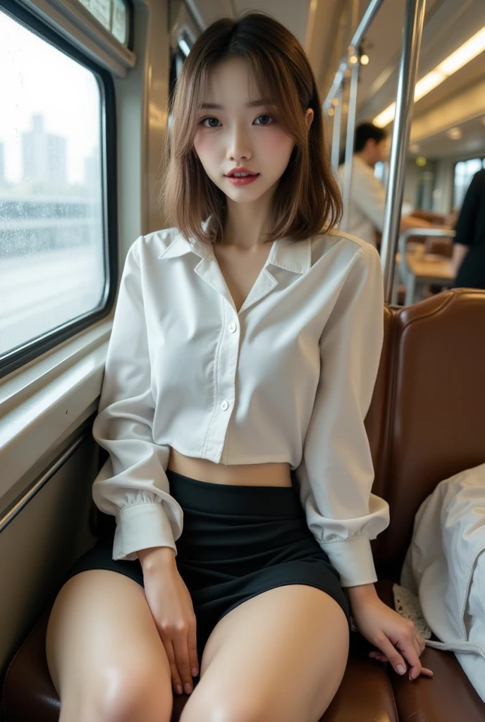 1girll、Top Quality、High Quality、Extreme detail photography、An eye for extreme detail、Super Detail Face、Super details in the hair、Super Detail Body、(Airport lobby:1.3)、Dark brown short hair、wlop glossy skin、natural makeup、(Bribbles on uniform chest area)、((Cabin Crew Uniform))、mini-skirt、Wearing panties、Have a seat、((open your legs:1.exposed antis:1.3))、Look at the beholder、Digital bulletin boards in the background、