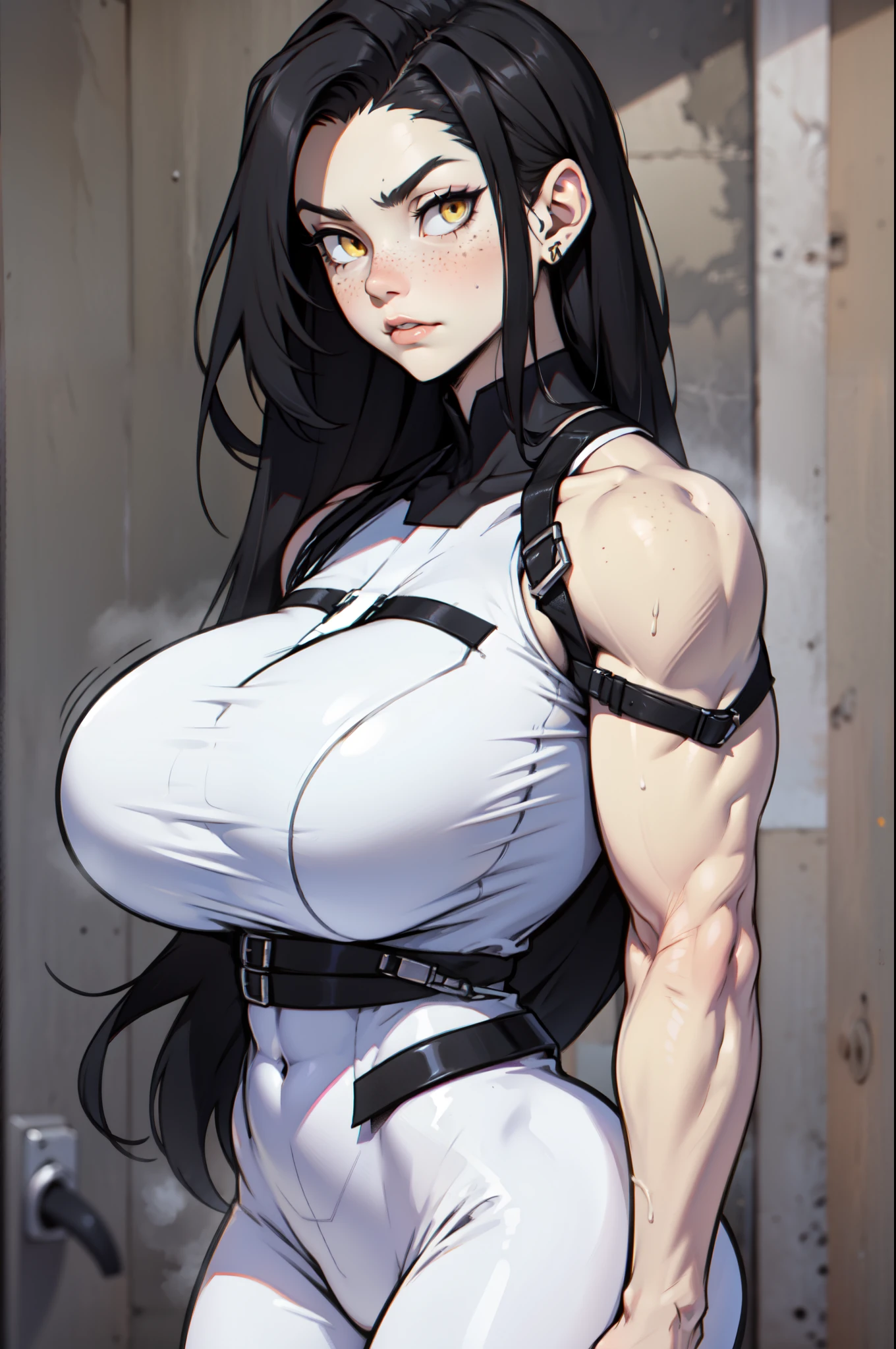 gigantic breasts huge muscles extremely thick expressionless sad frown girl black hair yellow eyes pale skin