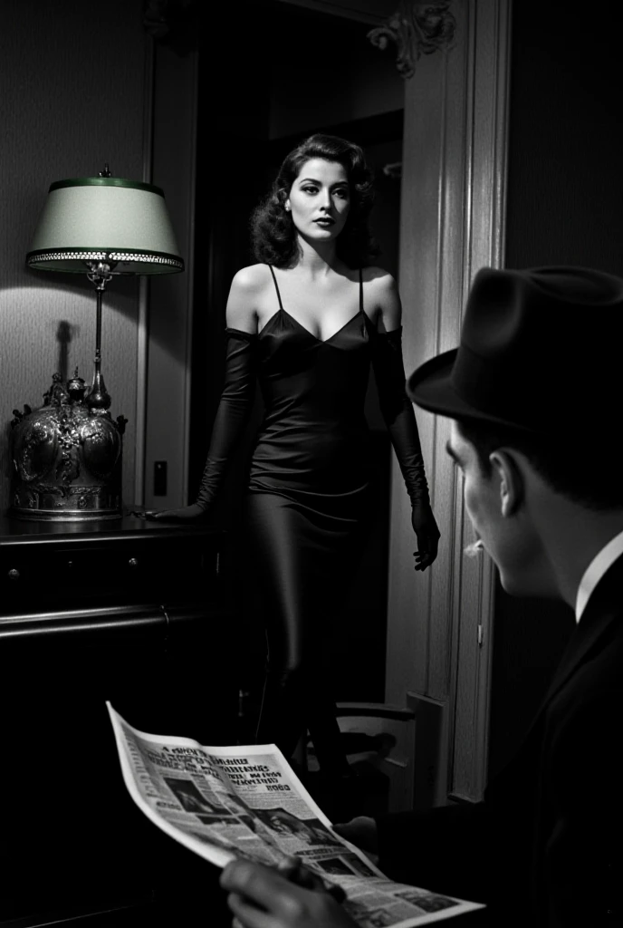 Masterpiece, photorealistic, 1930's Journalism photography, medium shot of a woman wearing black lingerie, looking at herself in the make up mirror, she is reflecting in the mirror, in the backstage of Can Can club
