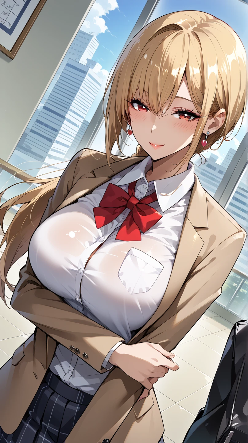 HnMdrkw-KJ , brown eyes , brown jacket, collared shirt, neck ribbon, plaid skirt, school uniform, blonde hair, Masterpiece, 8k, top-quality, best quality, official art, Beauty and Aesthetics, extremely detailed, full color, huge breast, serpentine body,