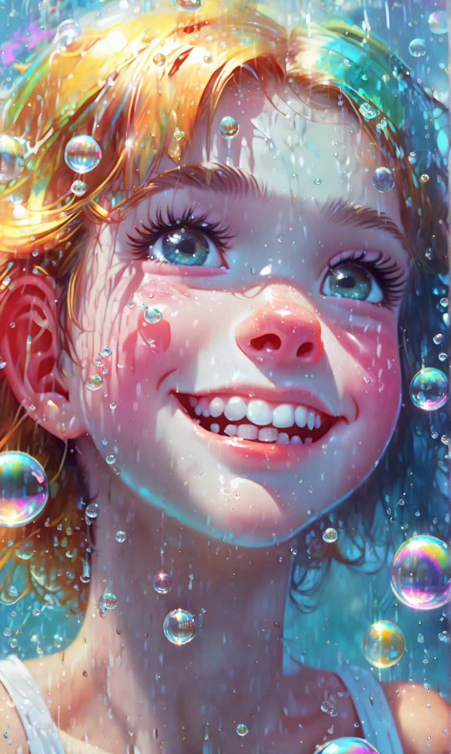 colorfull cute girl, with flower over her head,and shining light toward her face with splash water mixing,ultRA REALISTIC PHOTOGRAPH,DRAMATIC SCENE
