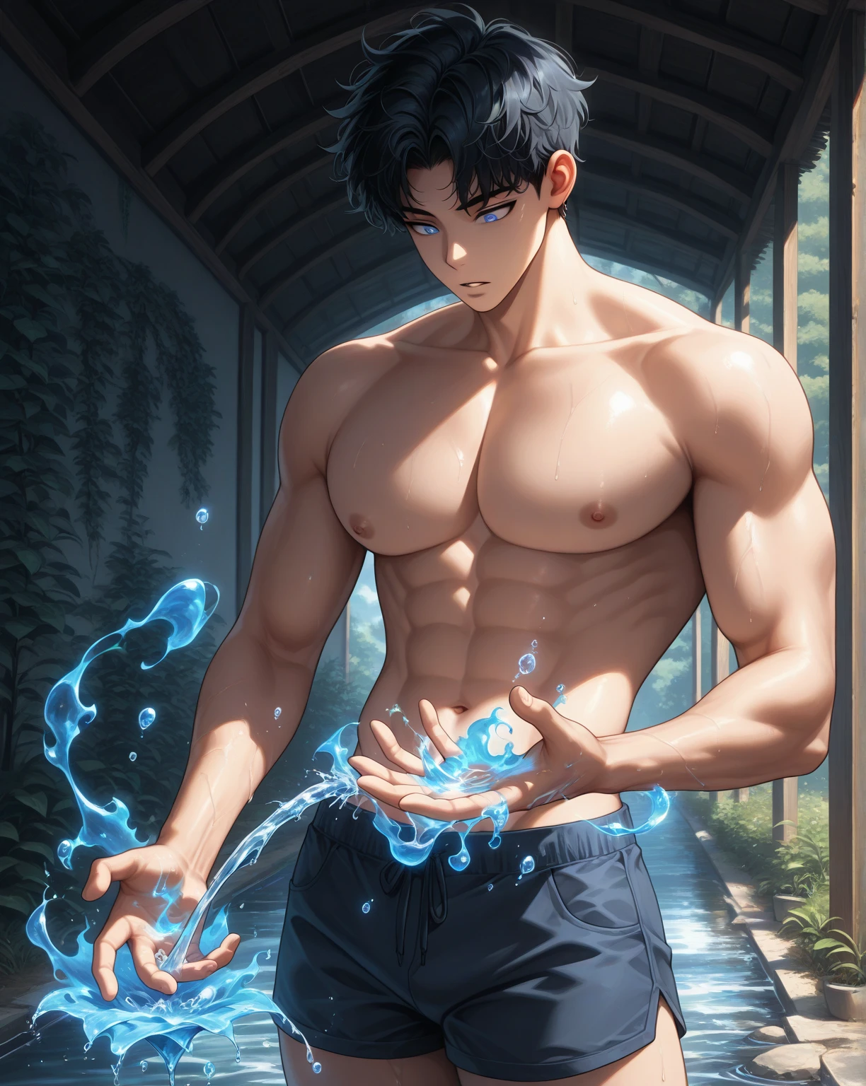 ((masterpiece, best quality)), (((((black background, deep night, male focus, upper body, side shot:1.4))))), ((((1boy, 19 year old boy, worm eyes, Young boy, muscler, Shirtless, topless, flesh, tough, reliable)))), (black Short straight hair, ((almost completely shaved hair)), under cut, brown eyes), (((red headband, black wristband))), Vivid colors, ((big breast:1.2, big shoulder:1.2, muscular body, sturdy body, defined round and fleshy pecs, defined round and fleshy ABS, defined round and fleshy armsmuscular:1.2, well-defined muscles, developed body, toned weist, shouldermuscler:1.2)), muscler!, muscler body, detailed face, detailed muscle, (((rippling muscles, Flowing energy, giving off an aura of holy power, Include intense special effects such as bursts of light, energy waves, and wind to emphasize the power of his energy. Highlight his energy, energy stream, random_pose:1.2)))
